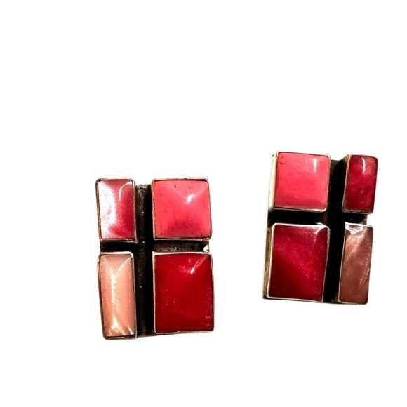 Sterling Silver  Pink Dyed Shell Earrings  Modernist Design - Picture 11 of 12